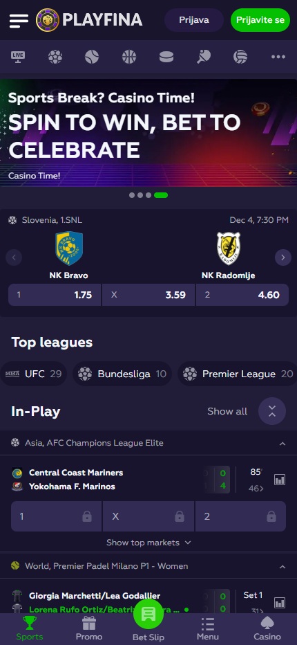 Playfina Sport Betting Slovenia (Mobile screen), hellspincasino-jackpot.com