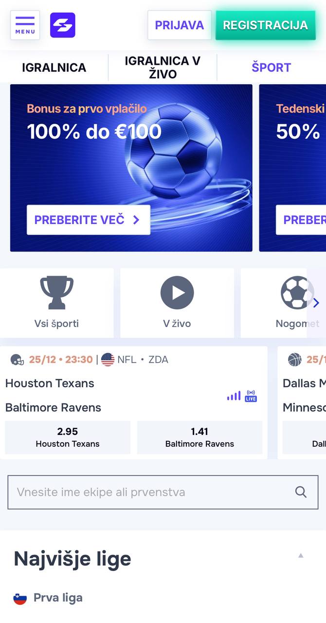 Ponudba športnih stav SGCasino Mobile